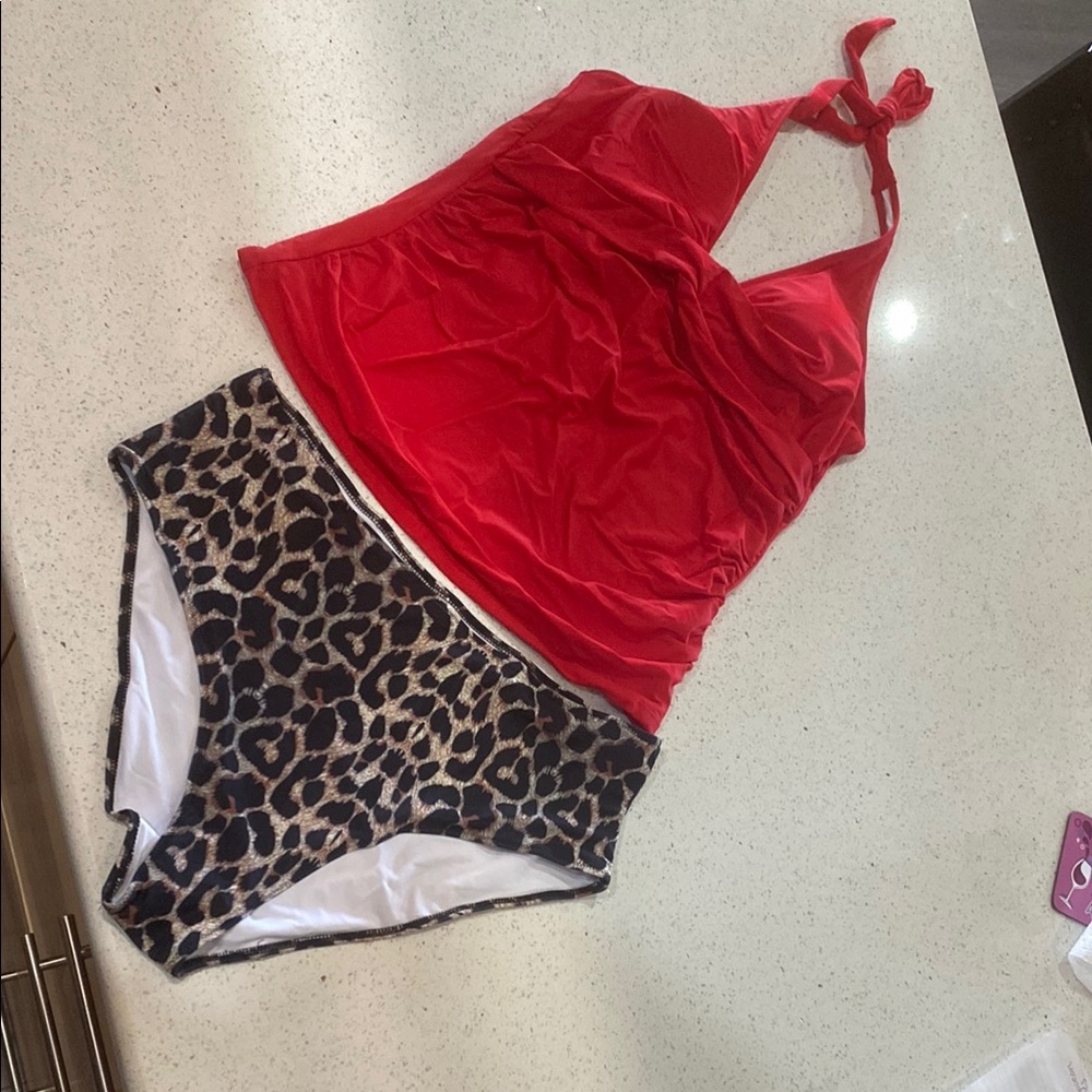 Red Halter Tankini with Leopard Print Bottoms